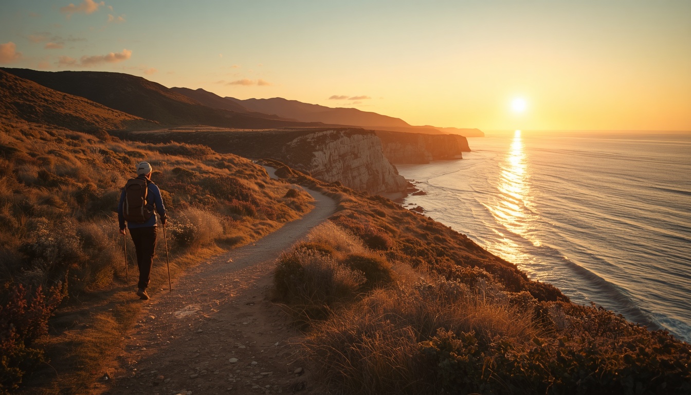 Walker on a wide coastal trail at golden hour