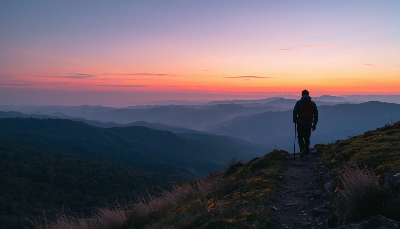 Walker overlooking layered hills at dusk